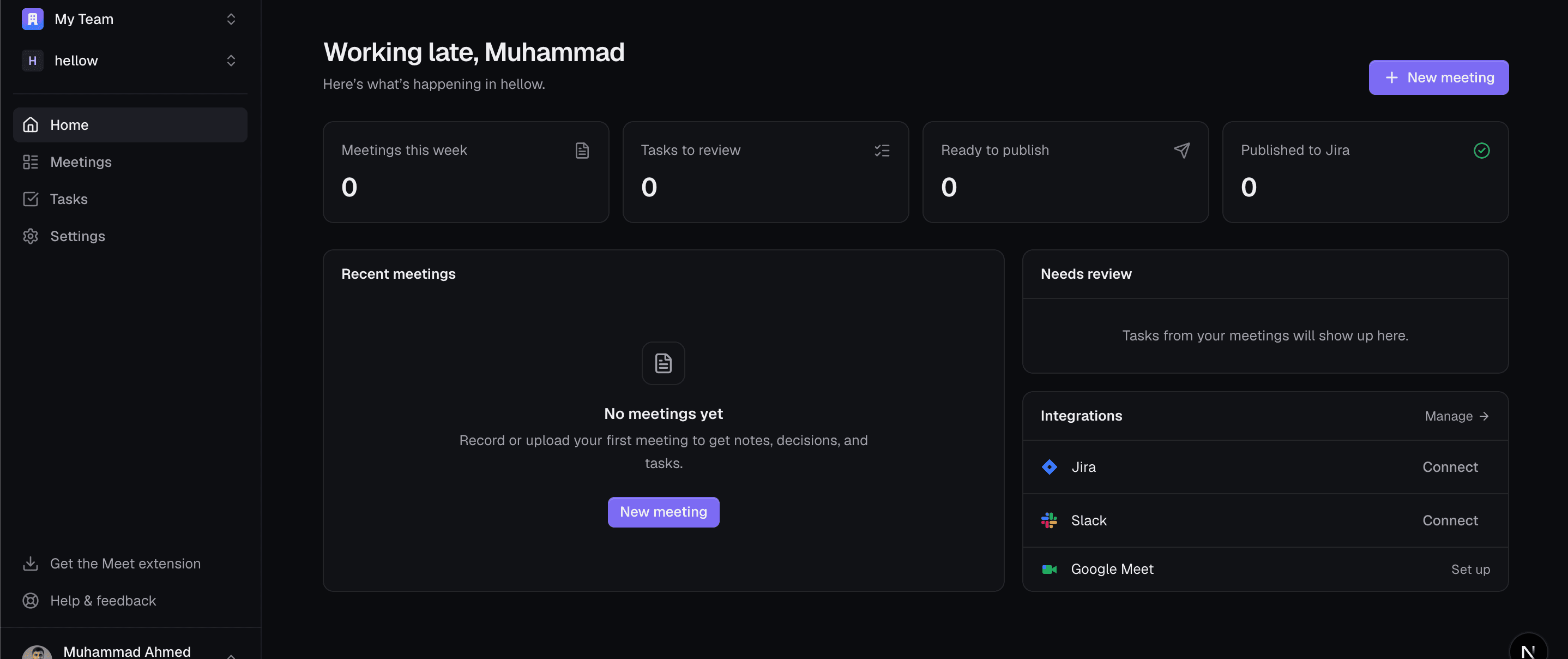 The Planfluence home dashboard showing meeting stats, recent meetings, tasks to review, and integrations.